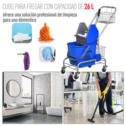 Balde de esfregão Balde de lavagem comercial com escorredor de baixa pressão Rodas e cestas de armazenamento Capacidade 26L 73x45x95cm Azul