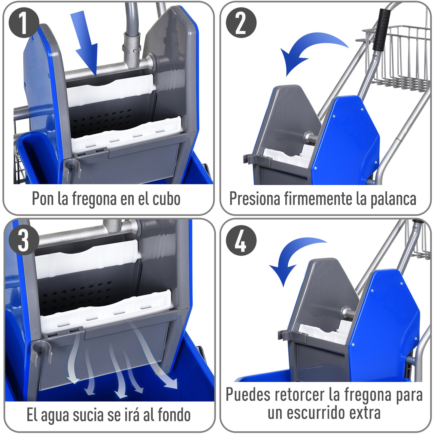 Balde de esfregão Balde de lavagem comercial com escorredor de baixa pressão Rodas e cestas de armazenamento Capacidade 26L 73x45x95cm Azul