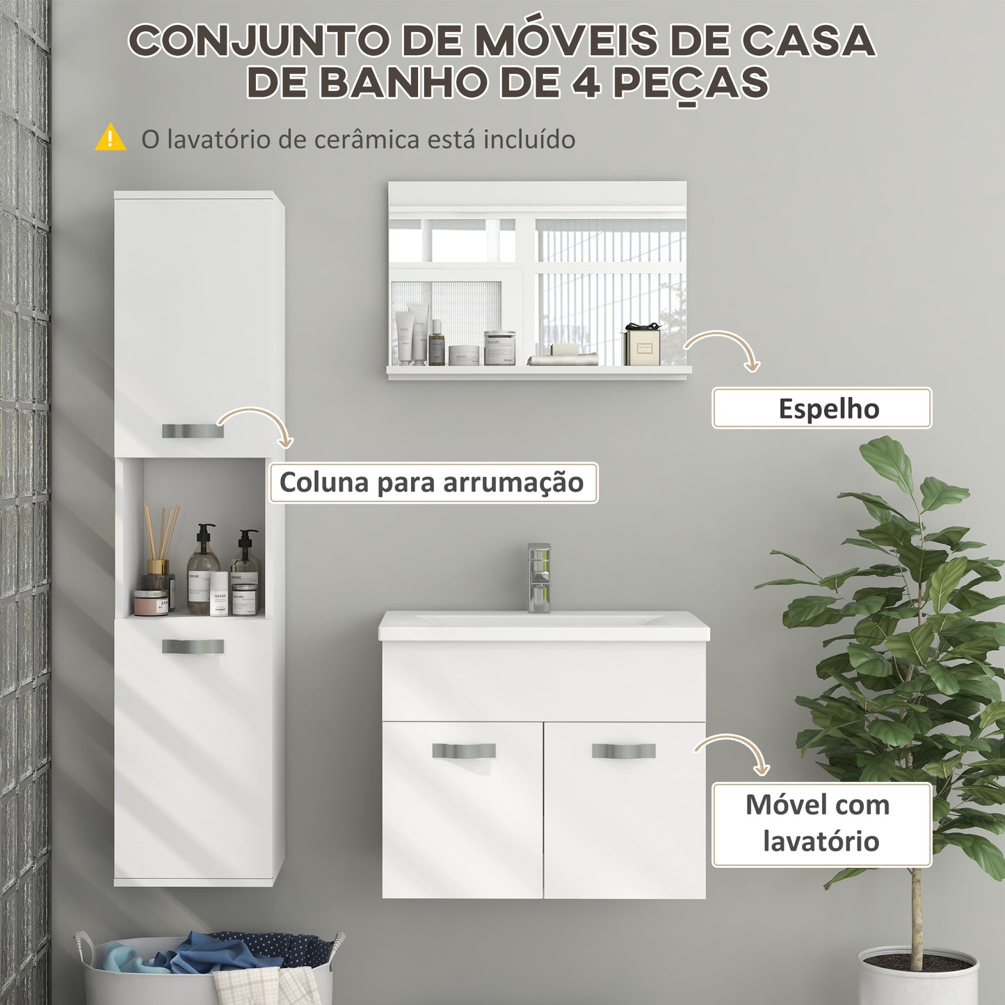 Conjunto de Móveis para Casa de Banho "Porto" com Lavatório – 4 Peças – Branco – Estilo Moderno