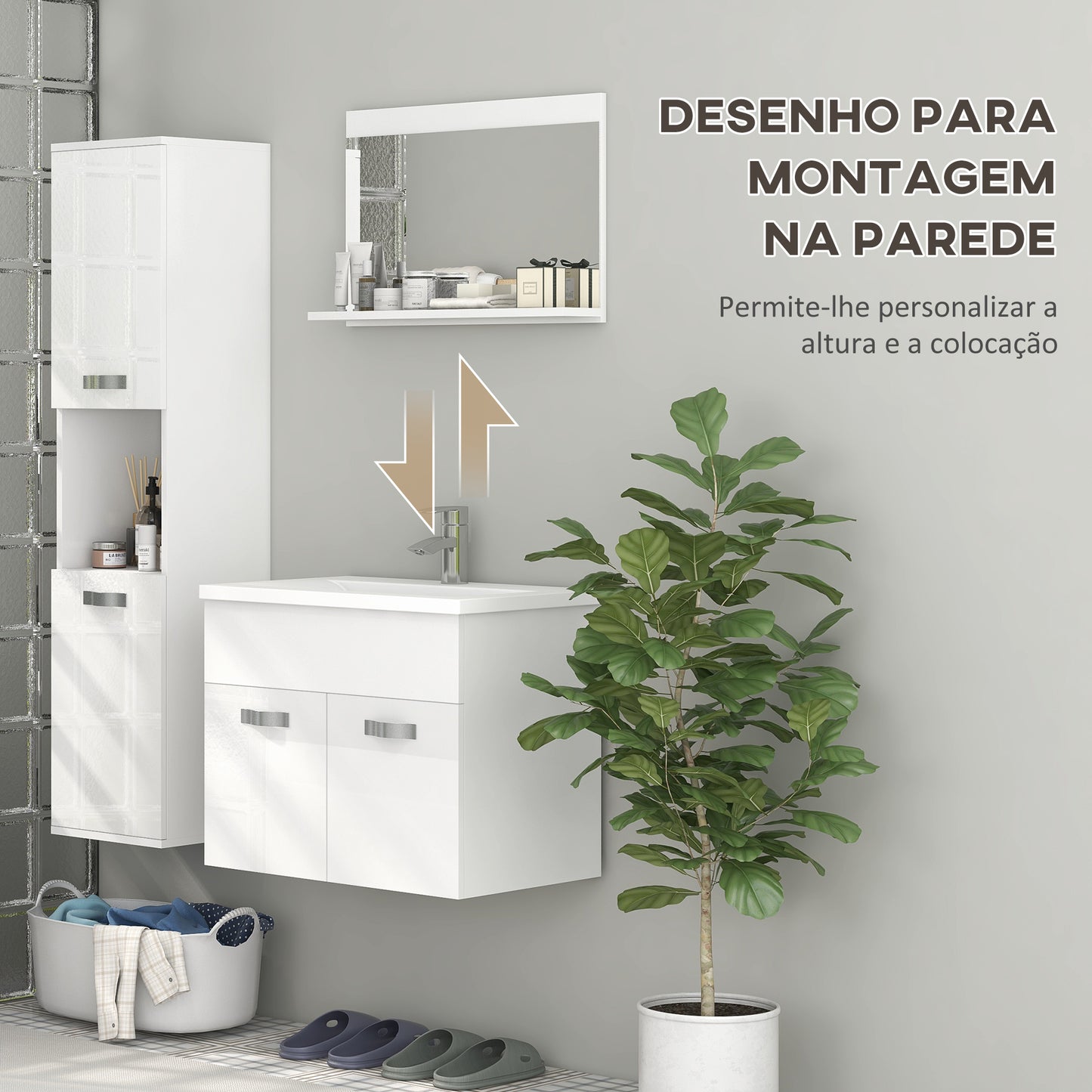 Conjunto de Móveis para Casa de Banho "Porto" com Lavatório – 4 Peças – Branco – Estilo Moderno