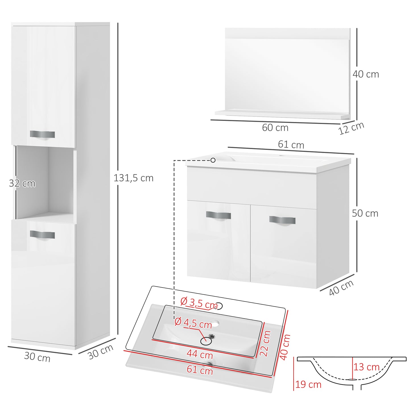 Conjunto de Móveis para Casa de Banho "Porto" com Lavatório – 4 Peças – Branco – Estilo Moderno