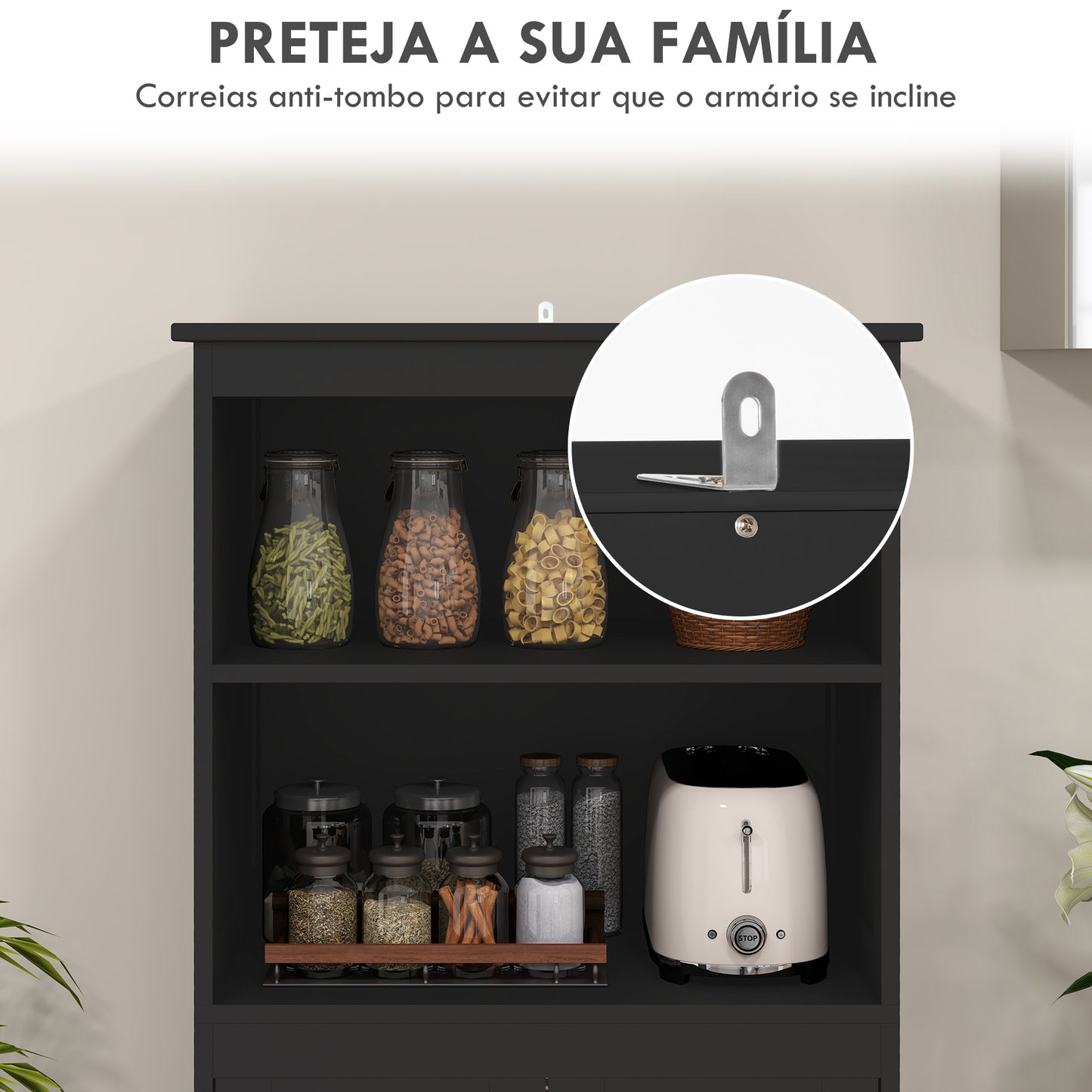 HOMCOM Armário de Cozinha com 2 Portas de Vidro Temperado 2 Prateleiras Abertas e Armário com Prateleira Ajustável para Sala de Estar 60x30x162 cm Preto