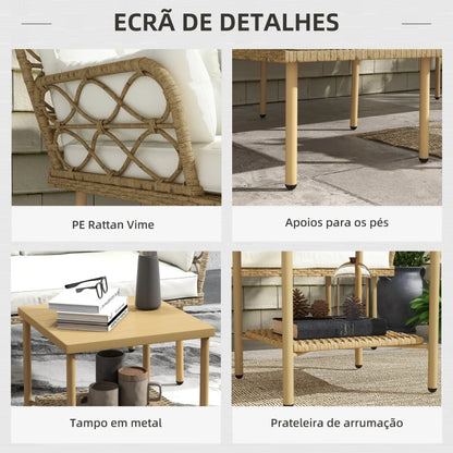 Conjunto Louge de 3 Peças com Sofá de Jardim e Mesa de Centro com Almofadões - Vime PE - Cor Natural e Creme