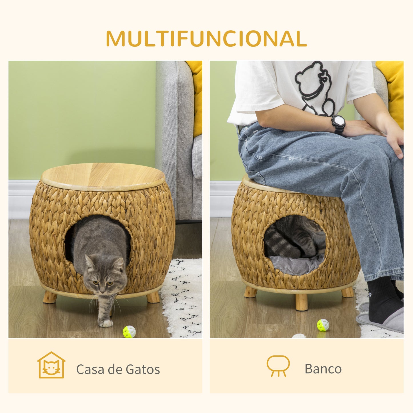 PawHut Caverna para Gatos Cama para Gatos com Almofada Lavável e Pés Elevados Similar a um Banco para Interior e Exterior 44x43x42cm Madeira