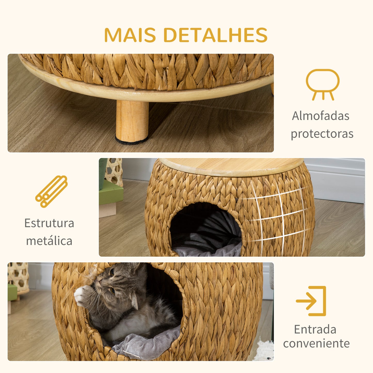 PawHut Caverna para Gatos Cama para Gatos com Almofada Lavável e Pés Elevados Similar a um Banco para Interior e Exterior 44x43x42cm Madeira