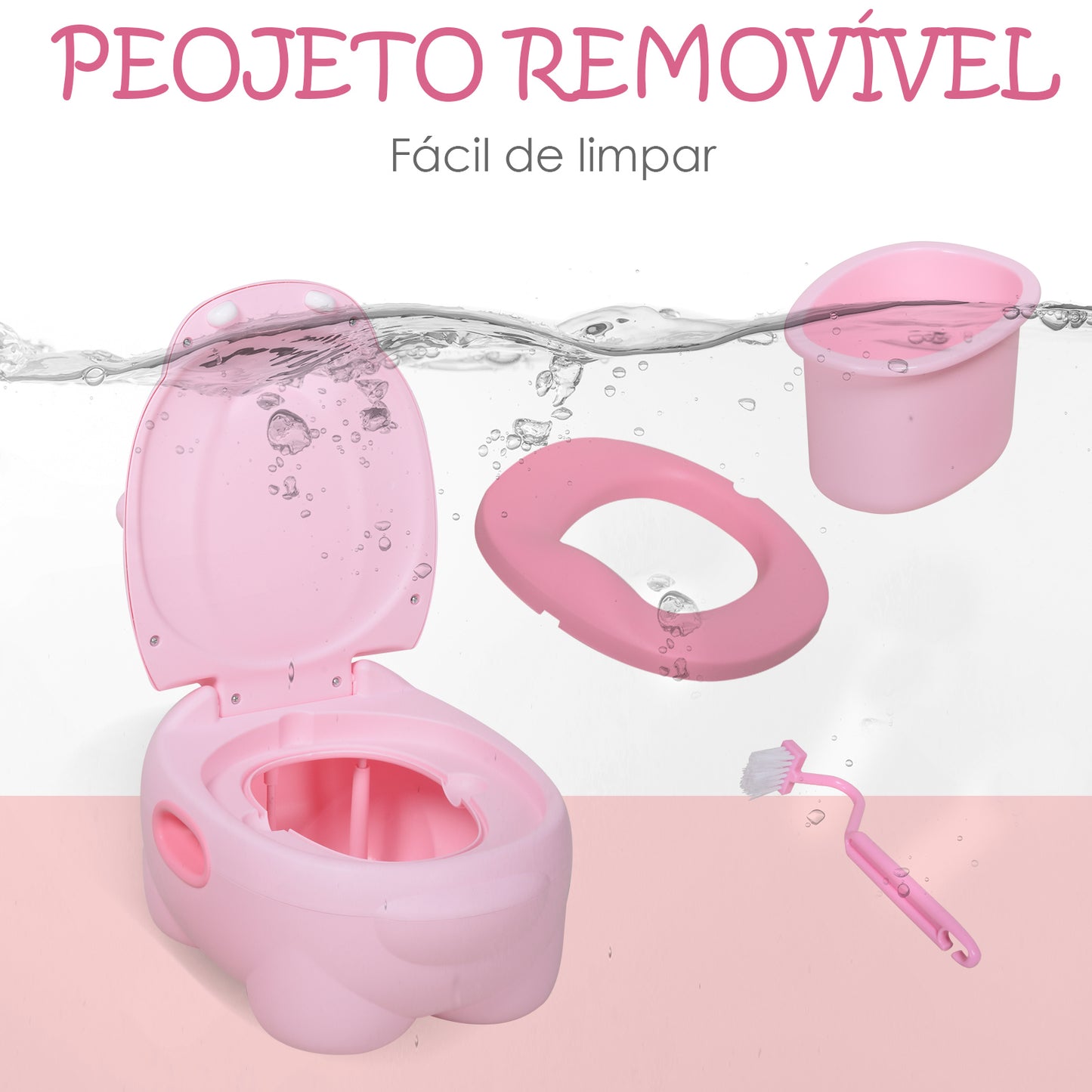 HOMCOM Bacio para Bebé em Forma de Hipopótamo 2 em 1 com Cubo Amovível e Escova de Limpeza Bacio de Aprendizagem Treinamento Portátil Carga 25 kg 40x30x23 cm Rosa