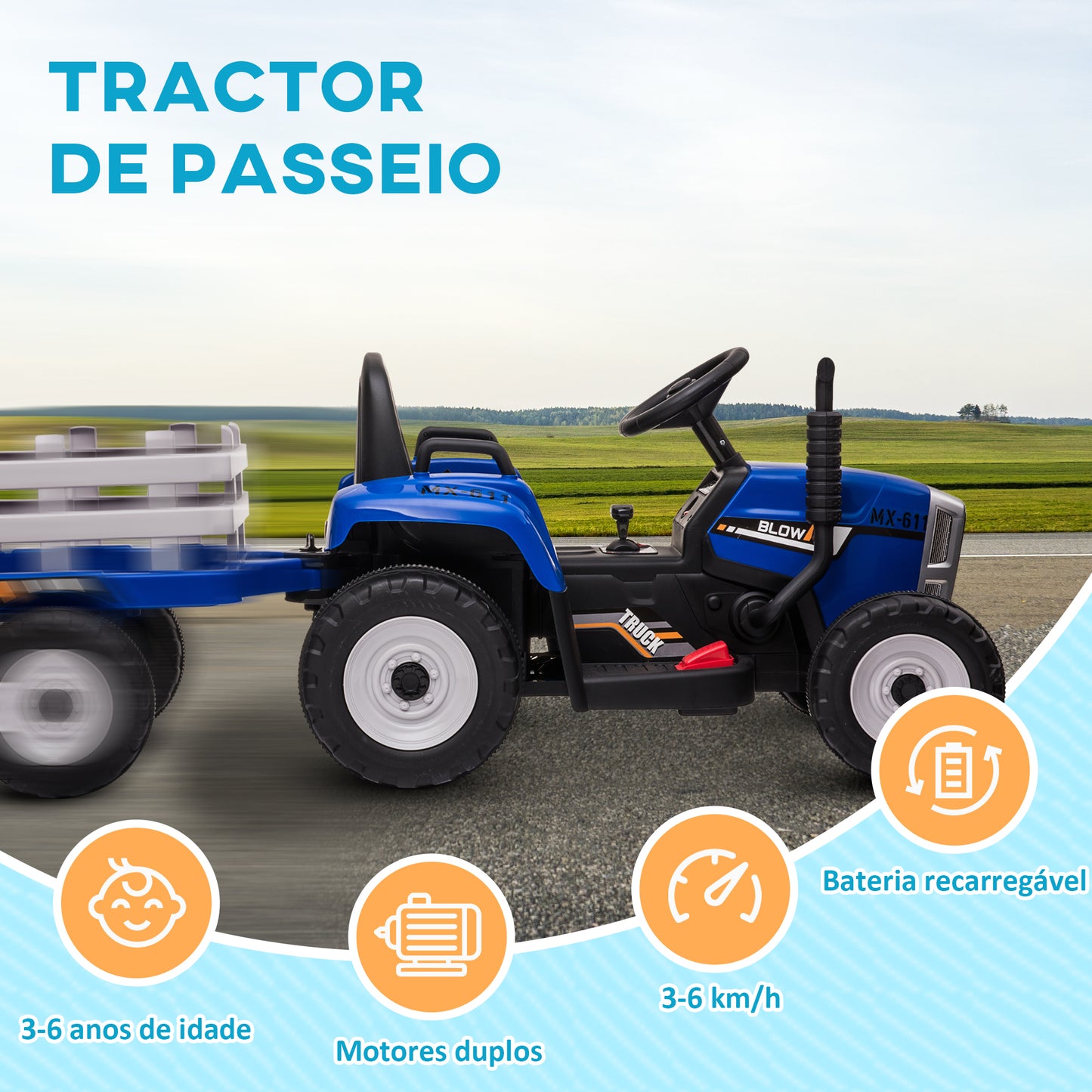 HOMCOM Trator Elétrico com Reboque Amovível Carro Elétrico para Crianças 3-6 Anos com Controlo Remoto Música MP3 Luzes e Cinto de Segurança 136,5x50x52,5 cm Azul