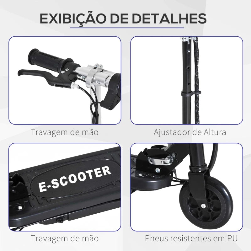 Trotinete Elétrica Criança De 7-14 Anos E-Scooter Dobrável Guiador Ajustável 12km/h Bateria Recarregável 12V Skate 120W Carga 50kg Preto