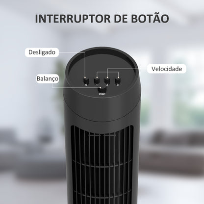 HOMCOM Ventoinha de Coluna 45W Ventoinha de Coluna Silenciosa com 3 Velocidades e Oscilação 70° para Sala Quarto Escritório Ø27x75 cm Preto