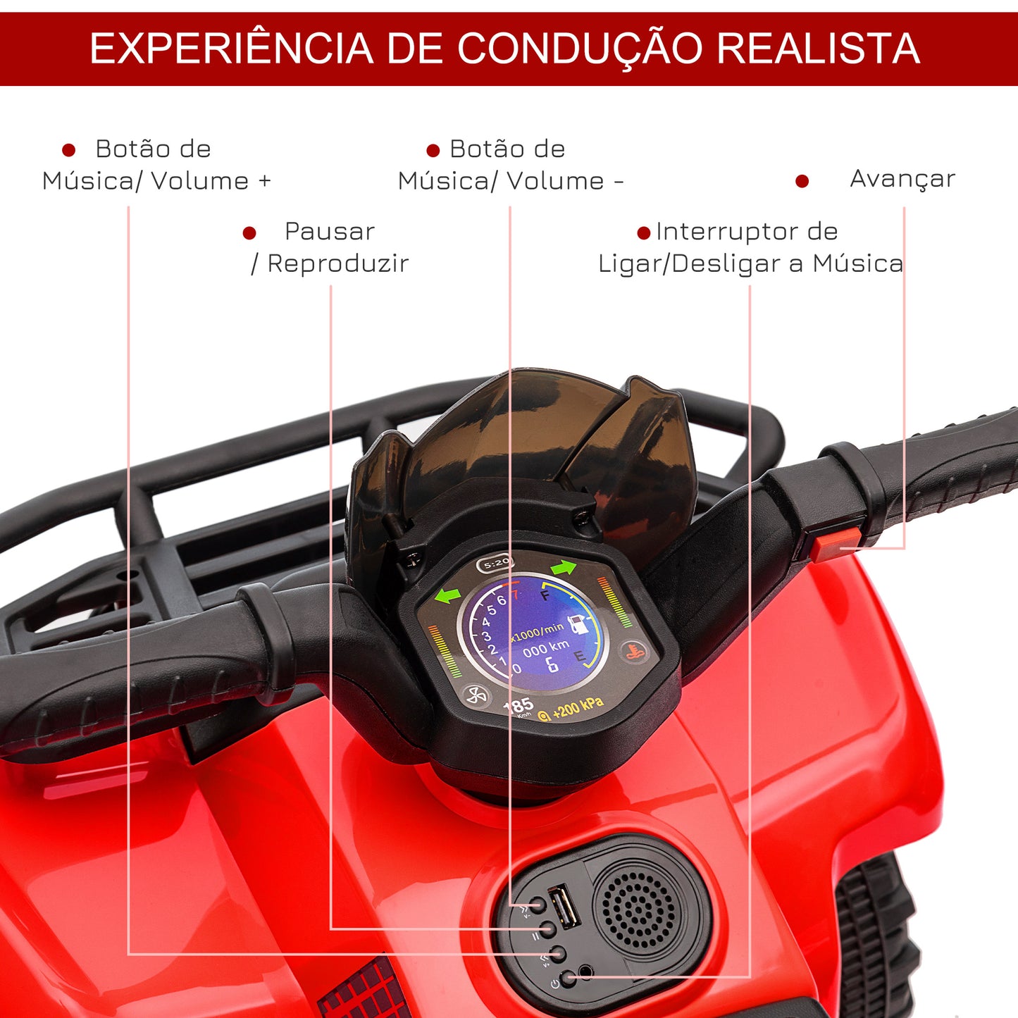 HOMCOM Quadriciclo Elétrico para Crianças de 18-36 Meses Veículo Elétrico a Bateria 6V Infantil com Velocidade 2km/h 70x42x45 cm Vermelho