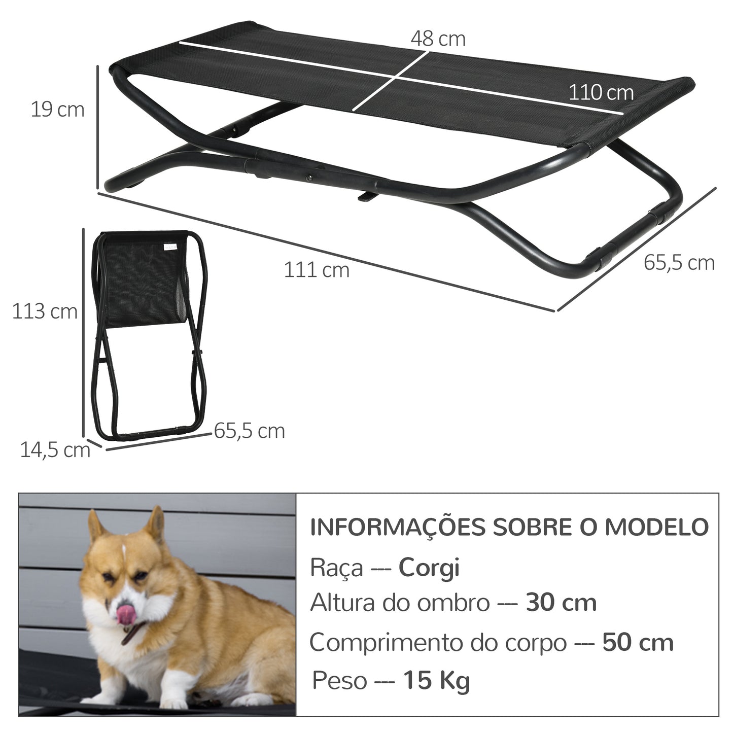 PawHut Cama Elevada para Cães Dobrável Cama para Animais de Estimação Pequenos e Médios com Tecido de Malha Respirável Estrutura de Aço para Interior e Exterior 111x65,5x19cm Preto