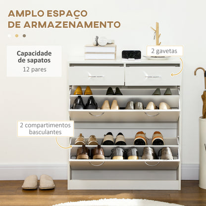 HOMCOM Sapateira Móvel para Sapatos Estreito com 2 Compartimentos e 2 Gavetas para 12 Pares de Sapatos para Sala de Estar Entrada Corredor 80x30x91,5 cm Branco