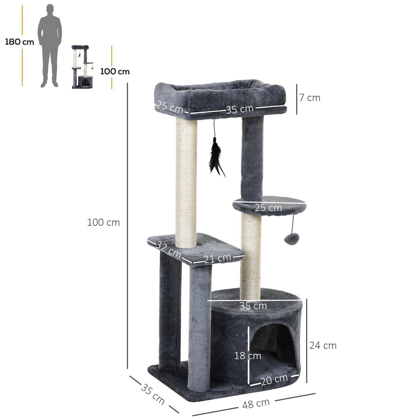 PawHut Árvore para Gatos 100 cm Torre de Gato com Postes para Arranhar, Cama, Plataformas, Bola e Pena de Galinha, 48x35x100 cm, Cinzento.