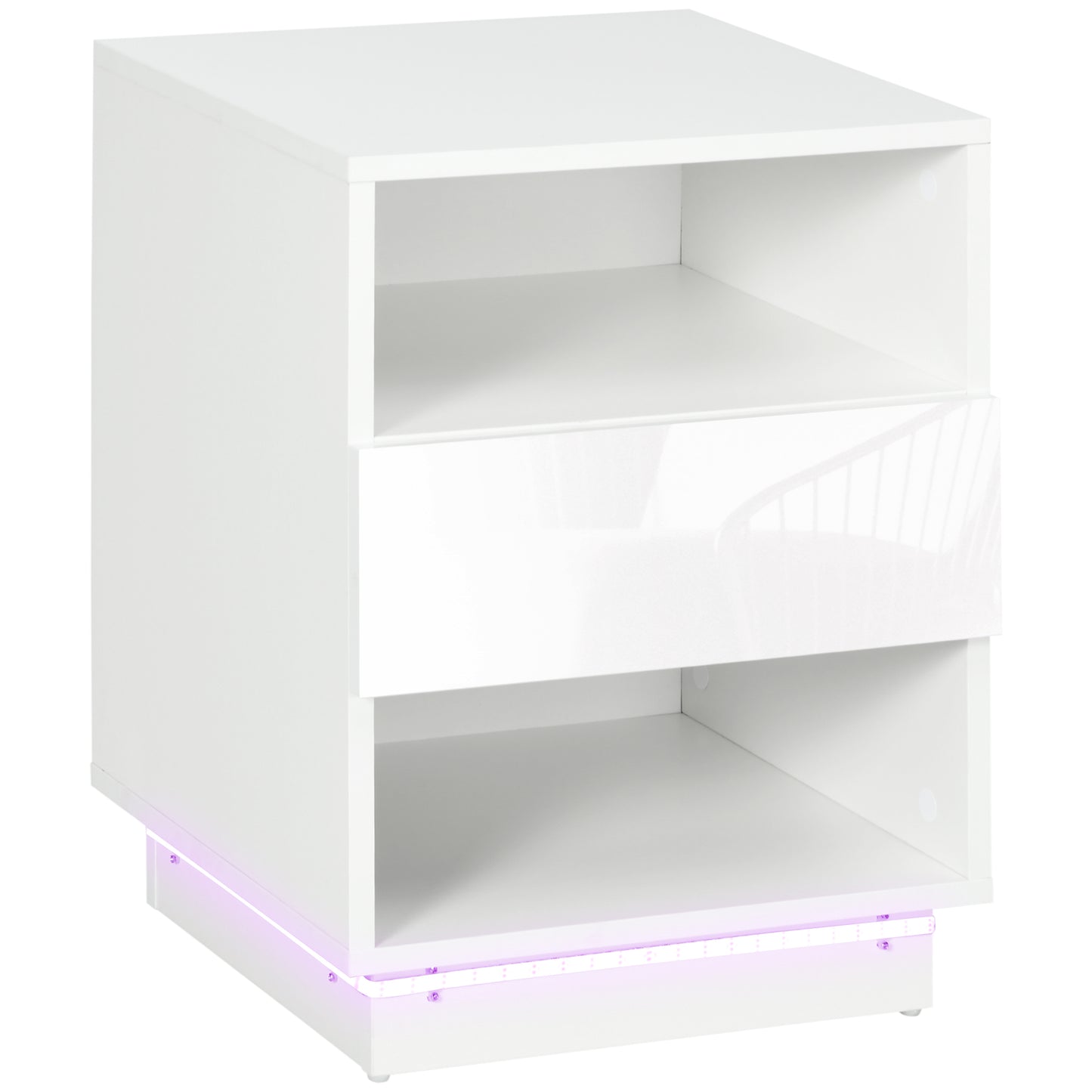 HOMCOM Mesa de Cabeceira Moderna com Luz LED Mesa de Cabeceira com Controlo Remoto Gaveta de Alto Brilho e 2 Prateleiras para Sala de Estar Dormitório 40x40x55 cm Branco