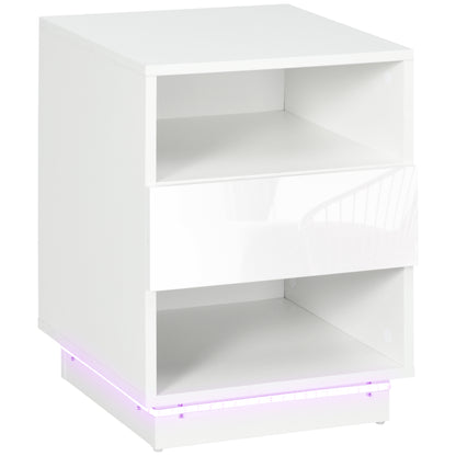 HOMCOM Mesa de Cabeceira Moderna com Luz LED Mesa de Cabeceira com Controlo Remoto Gaveta de Alto Brilho e 2 Prateleiras para Sala de Estar Dormitório 40x40x55 cm Branco