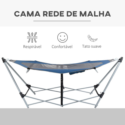 Outsunny Rede de Jardim com Suporte Dobrável com Cama de Tecido Oxford e Malha Respirável Bolso de Armazenagem e Bolsa de Transporte 235,5x82x90,5cm Azul e Prata