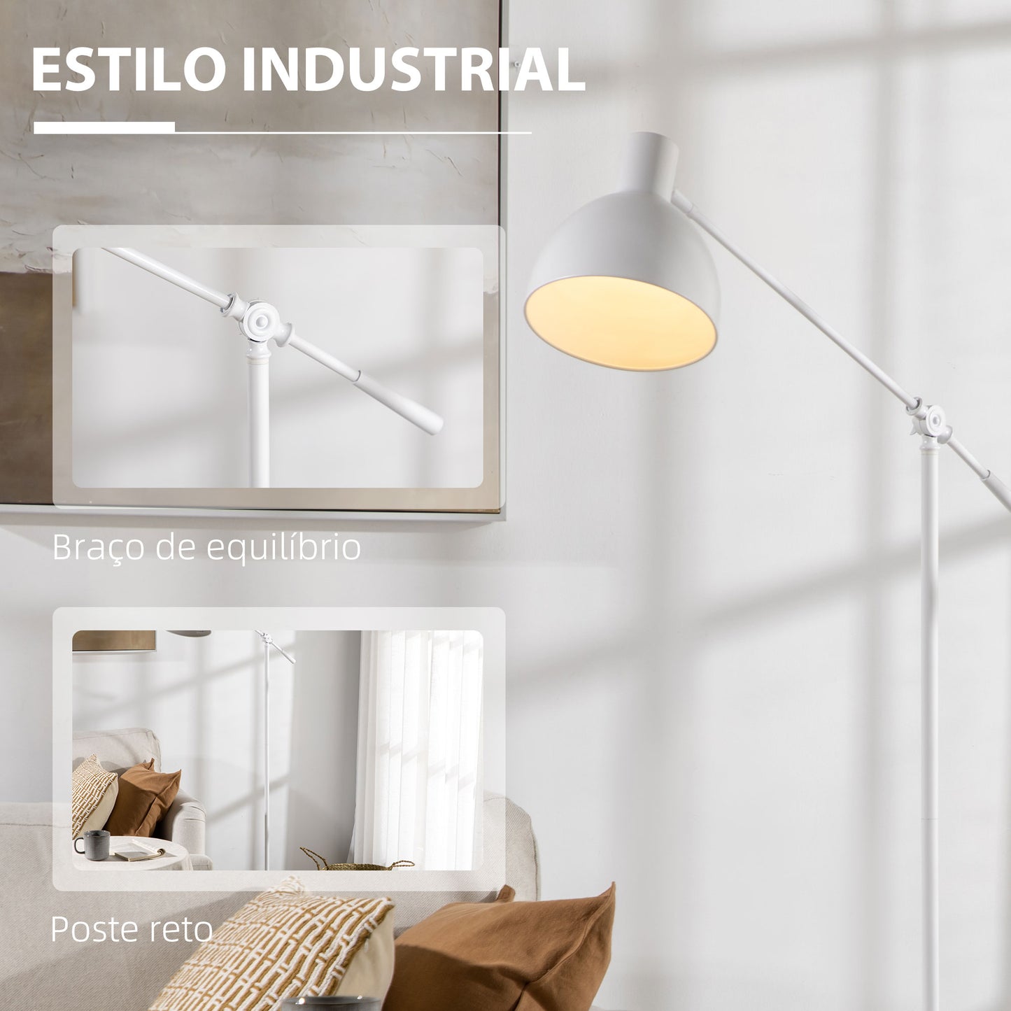 Candeeiro de Pé Estilo Industrial Lâmpada E27 Máx. 40W Candeeiro de Pé com Mastro Flexível Ecrã Giratório 90° para Dormitório Escritório Ø30x131-155cm Branco