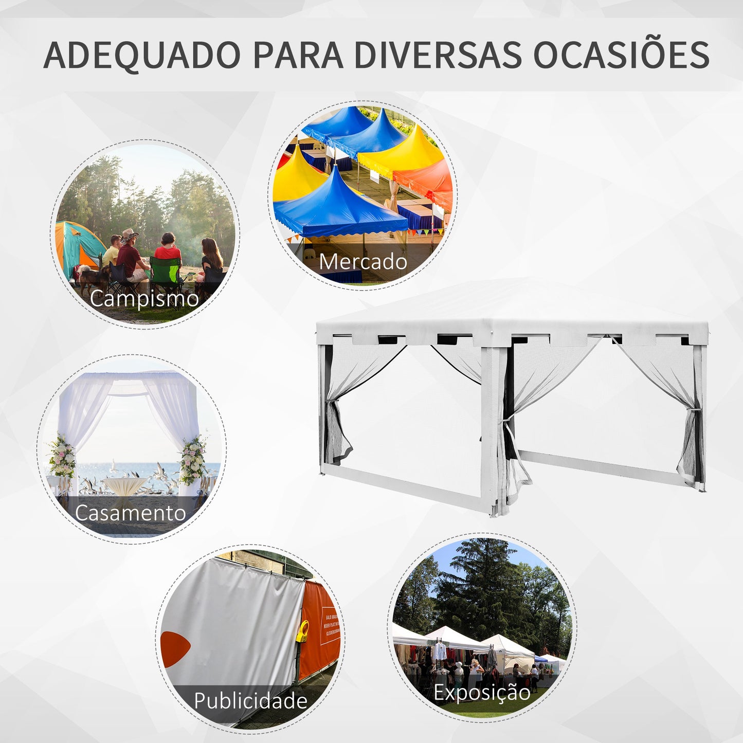 Outsunny Tenda de Jardim 4x3 m Tenda Desmontável de Exterior com 4 Mosqueteiras Laterais 2 Portas com Fecho de Correr e 8 Orifícios de Drenagem para Pátio Praia Branco