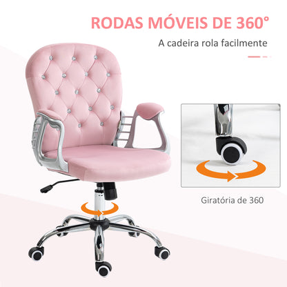 Vinsetto Cadeira de Escritório Estofada em Veludo Cadeira Giratória com Altura Ajustável Apoio para os Braços e Decorações de Cristal Carga 120 kg Cadeira para Estudio Dormitório Rosa