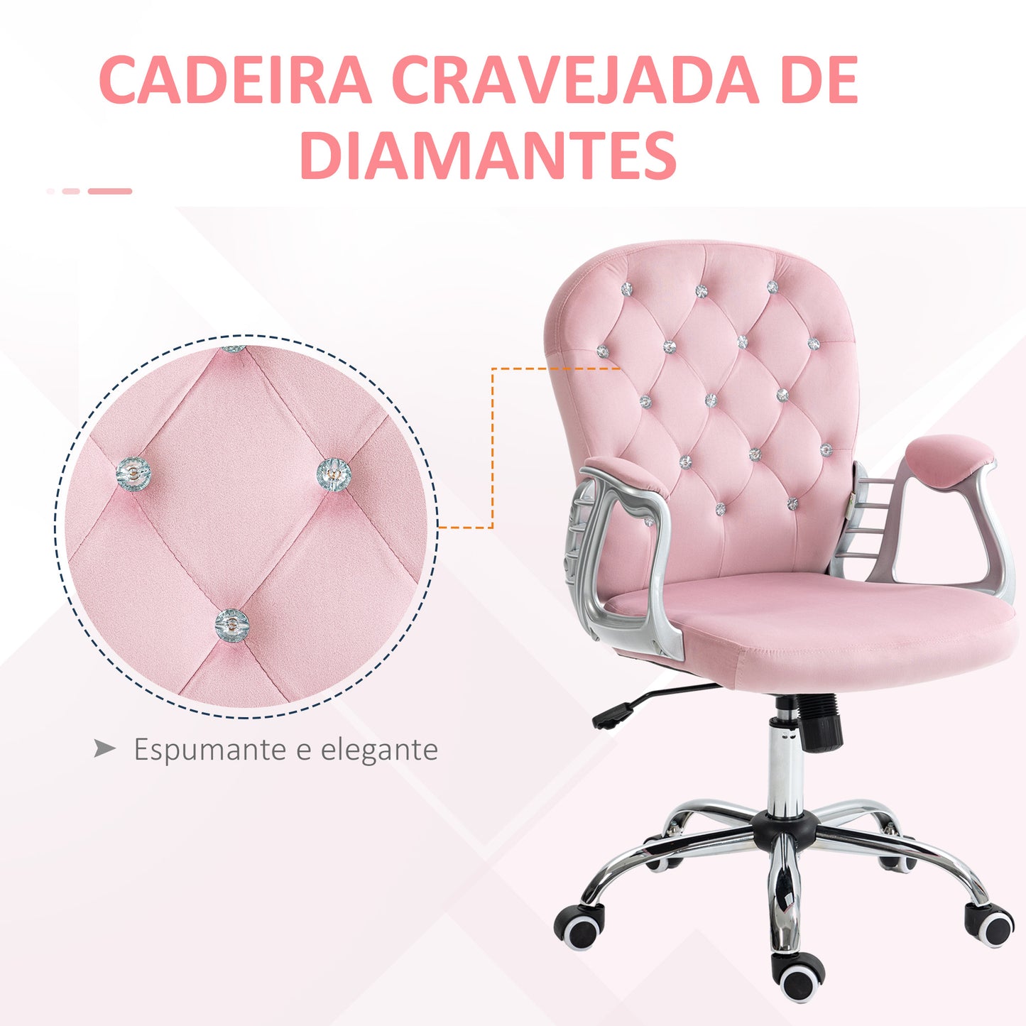 Vinsetto Cadeira de Escritório Estofada em Veludo Cadeira Giratória com Altura Ajustável Apoio para os Braços e Decorações de Cristal Carga 120 kg Cadeira para Estudio Dormitório Rosa