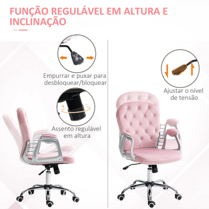 Vinsetto Cadeira de Escritório Estofada em Veludo Cadeira Giratória com Altura Ajustável Apoio para os Braços e Decorações de Cristal Carga 120 kg Cadeira para Estudio Dormitório Rosa