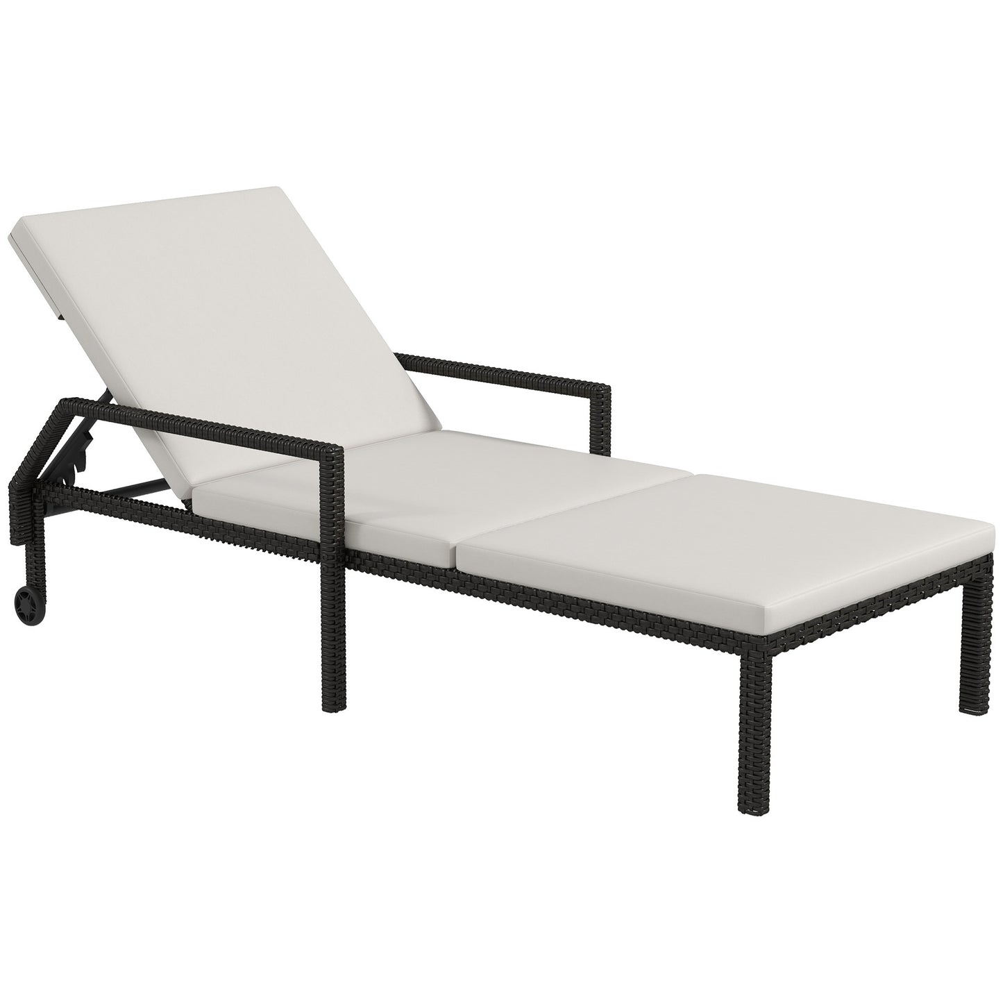 Outsunny Espreguiçadeira de Vime Chaise Longue de Jardim com Encosto Ajustável em 5 Posições Acolchoado e 2 Rodas Carga 120 kg 73x200x48 cm Creme e Preto