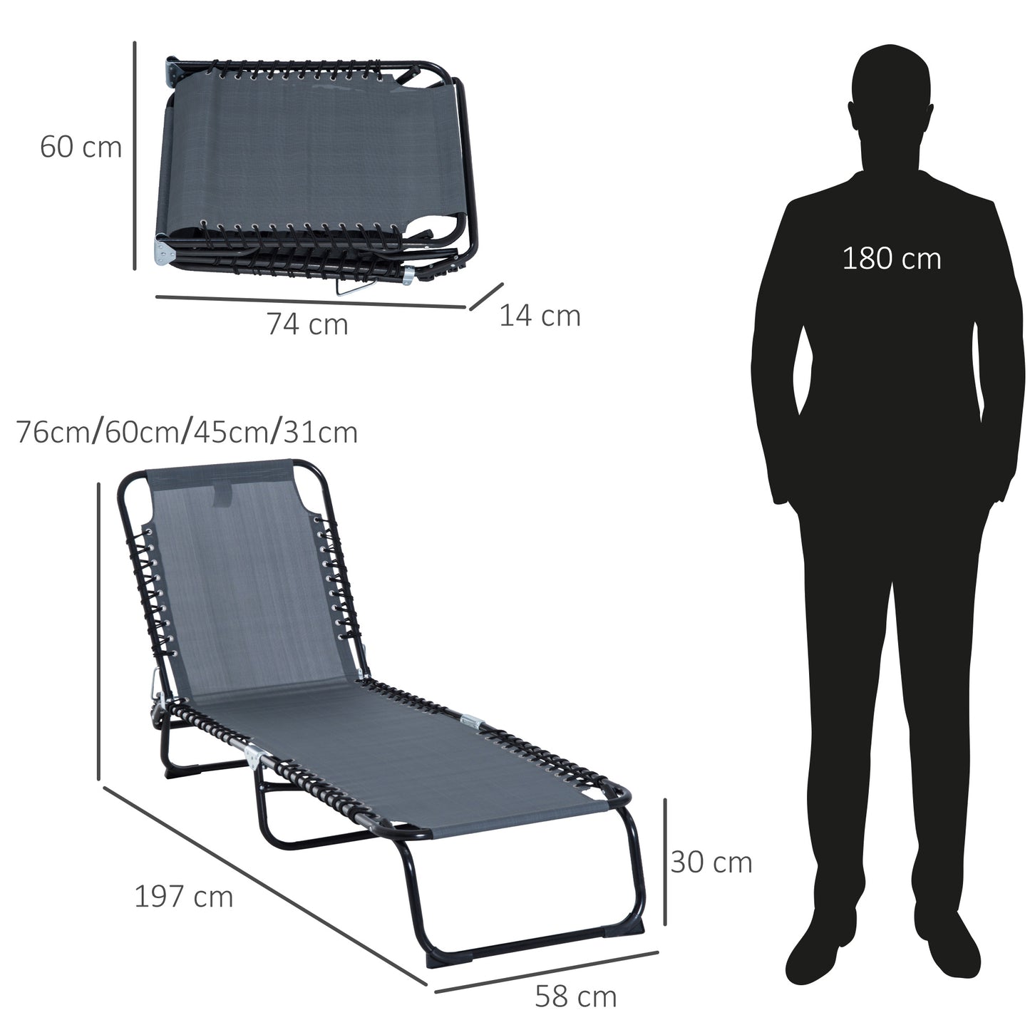 Outsunny Espreguiçadeira de Jardim Dobrável e Ajustável com 4 Posições Espreguiçadeira Reclinável para Exterior Estrutura de Aço 197x58x76 cm Cinza