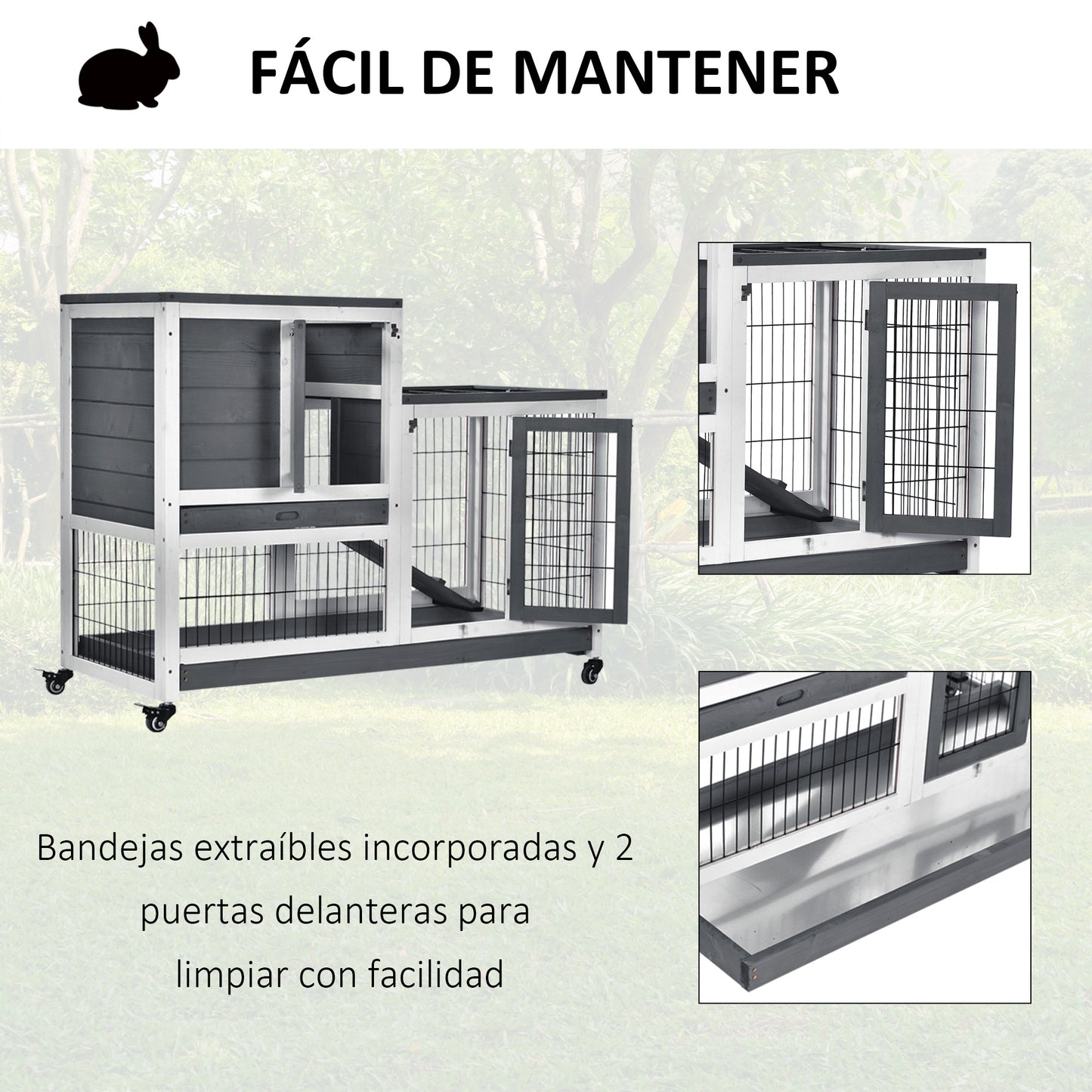 PawHut Coelheira de Madeira Interior com Rodas Gaiola para Coelhos Animais Pequenos de 2 Pisos com Zona Aberta Rampa e 2 Bandejas Removíveis 110x50x86cm Cinza