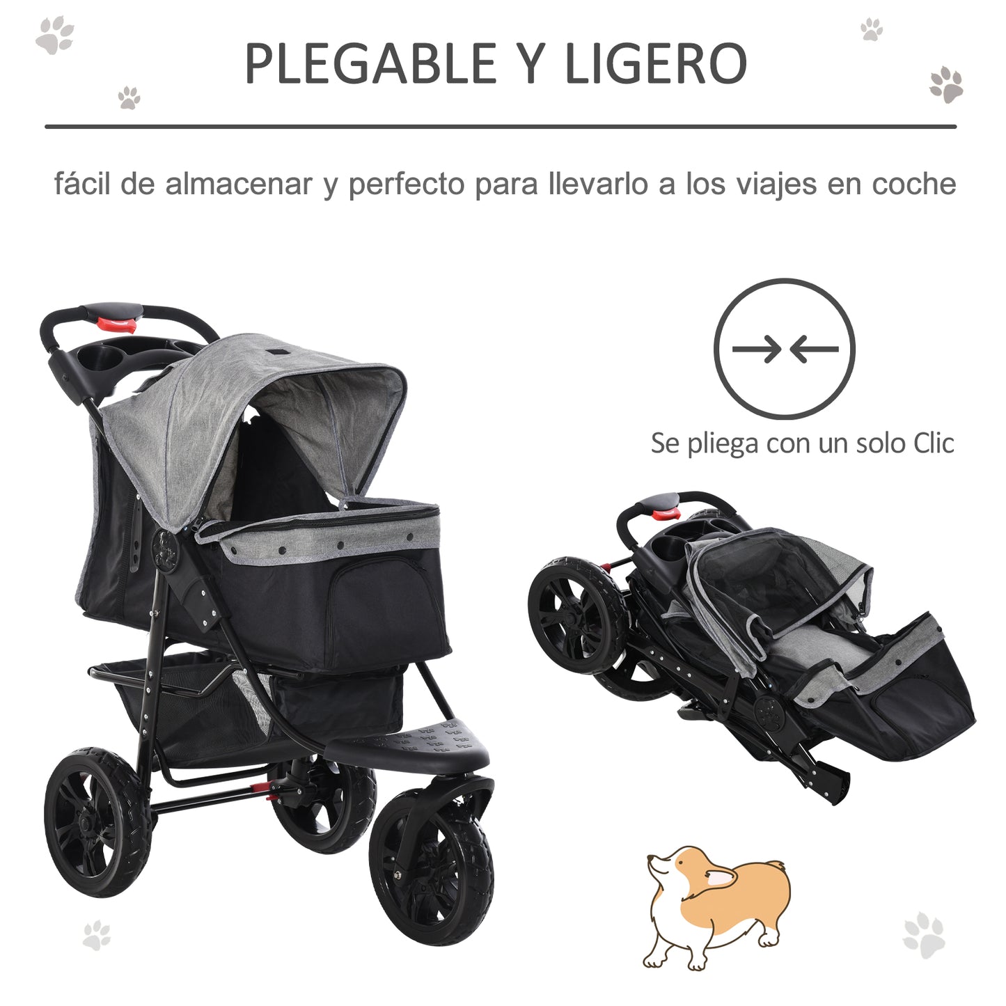 PawHut Carrinho de animais de estimação dobrável com rodas Correias de segurança e cesto de armazenamento 109,5x54,5x106,5 cm Cinza e preto