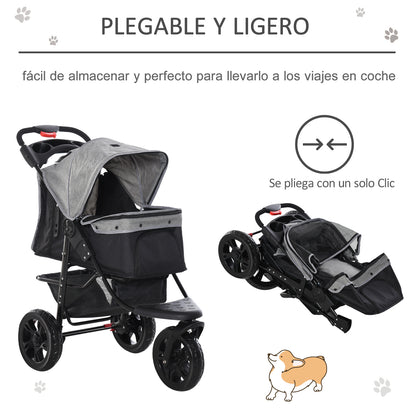 PawHut Carrinho de animais de estimação dobrável com rodas Correias de segurança e cesto de armazenamento 109,5x54,5x106,5 cm Cinza e preto