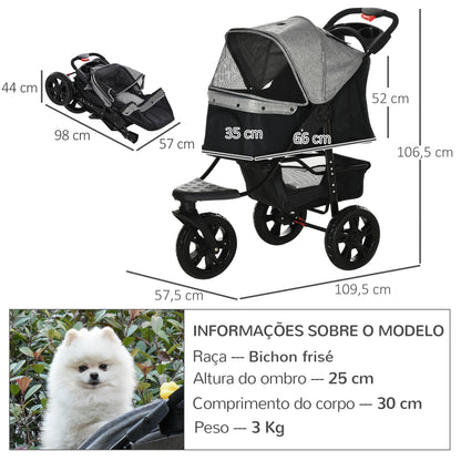 PawHut Carrinho de animais de estimação dobrável com rodas Correias de segurança e cesto de armazenamento 109,5x54,5x106,5 cm Cinza e preto