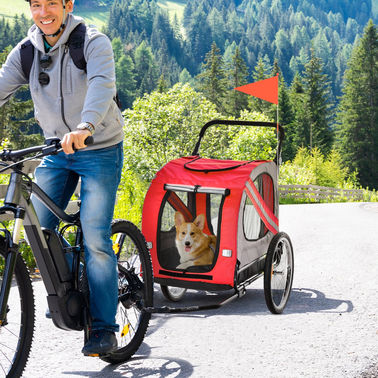 PawHut Reboque de Bicicleta para Cães 2 em 1 Transporte para Animais de Estimação com Porta Enrolável Janelas Cinto de Segurança Bandeira e 6 Refletores 140x72,5x108 cm Vermelho