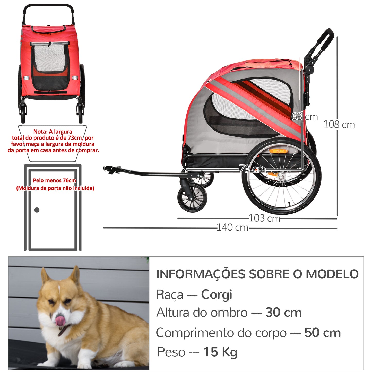 PawHut Reboque de Bicicleta para Cães 2 em 1 Transporte para Animais de Estimação com Porta Enrolável Janelas Cinto de Segurança Bandeira e 6 Refletores 140x72,5x108 cm Vermelho