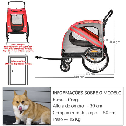 PawHut Reboque de Bicicleta para Cães 2 em 1 Transporte para Animais de Estimação com Porta Enrolável Janelas Cinto de Segurança Bandeira e 6 Refletores 140x72,5x108 cm Vermelho