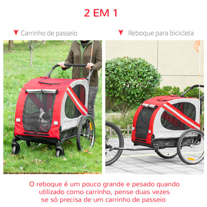 PawHut Reboque de Bicicleta para Cães 2 em 1 Transporte para Animais de Estimação com Porta Enrolável Janelas Cinto de Segurança Bandeira e 6 Refletores 140x72,5x108 cm Vermelho