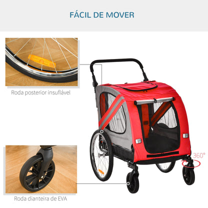 PawHut Reboque de Bicicleta para Cães 2 em 1 Transporte para Animais de Estimação com Porta Enrolável Janelas Cinto de Segurança Bandeira e 6 Refletores 140x72,5x108 cm Vermelho