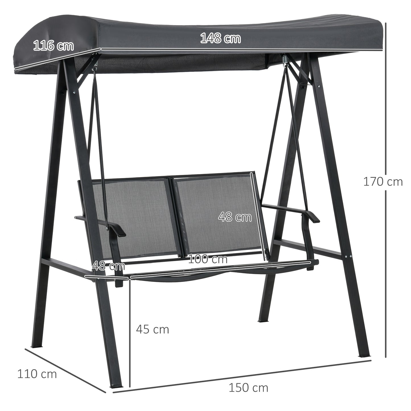 Outsunny Baloiço de Jardim de 2 Lugares com Teto Ajustável Encosto Respirável e Estrutura de Aço para Balção Terraço Exterior Carga Máx. 220kg 150x11x170cm Cinza