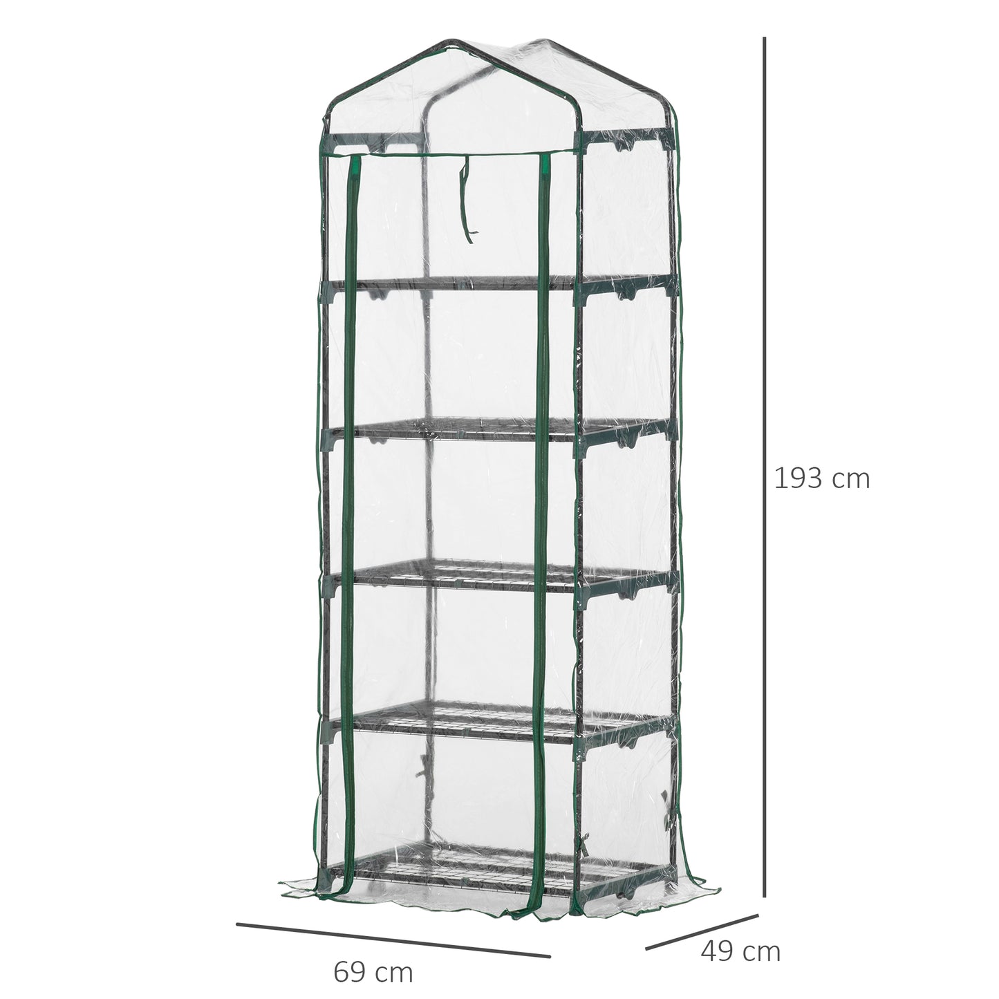 Outsunny Estufa de Jardim Vertical 69x49x193cm com 5 Prateleiras Estufa para Plantas e Cultivos com Cobertura Transparente e Verde de PVC e Aço Preto