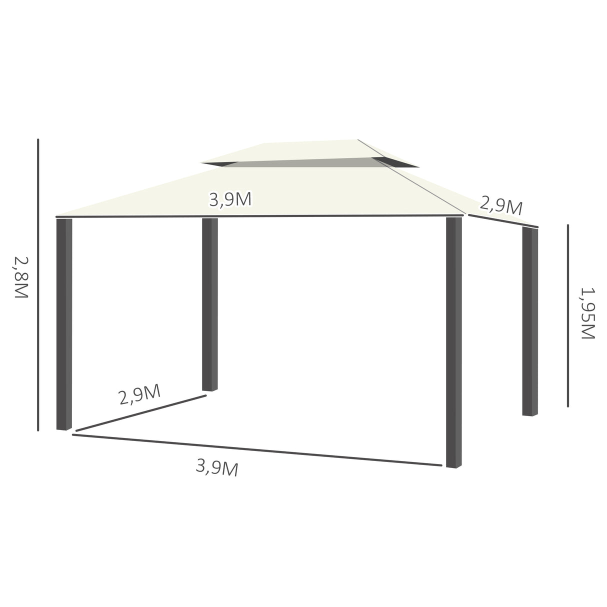 Outsunny Pérgola de Jardim 390x290 cm Pérgola de Alumínio com Teto de Ventilação 4 Cortinas Laterais Tela Mosquiteira e 8 Orifícios de Drenagem para Exterior Pátio Festas