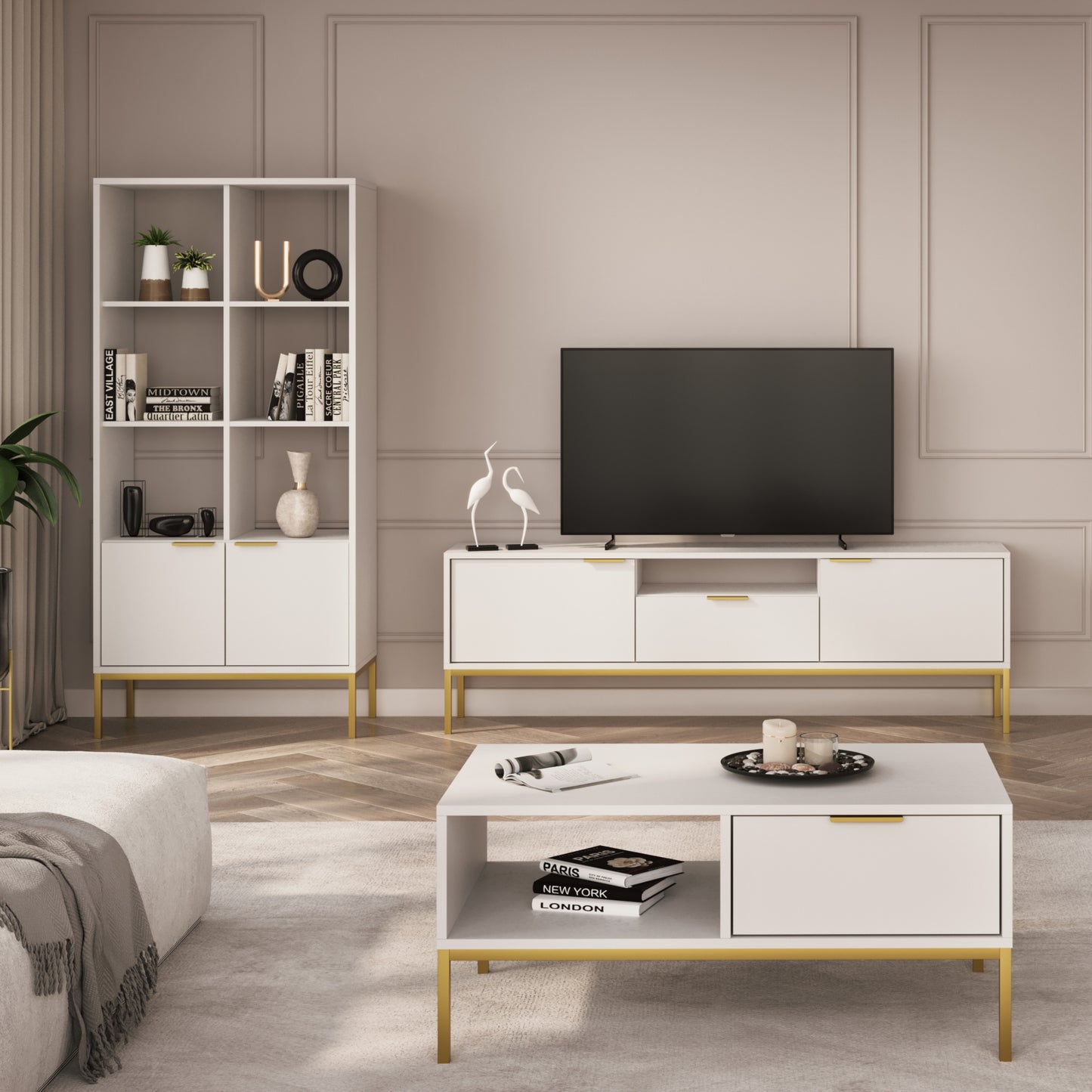 Estante "AUSTIN" - 40×80×171,3 cm - Branco e Dourado - Design Moderno