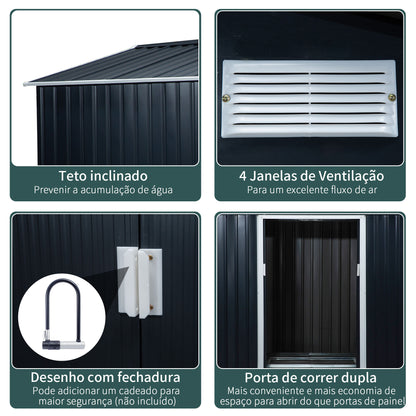 Outsunny Abrigo de Jardim Exterior Abrigo e Jardim Metálico para Armazenamento de Ferramentas com Base Incluída e 4 Janelas 277x195x192cm Cinza Escuro