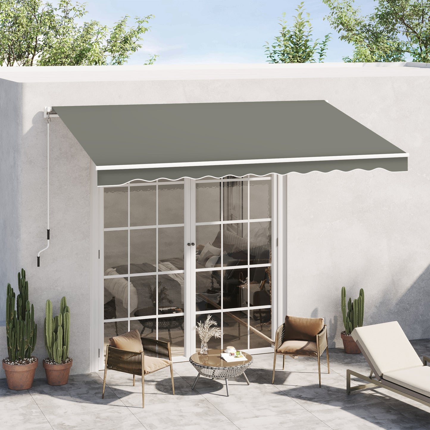 Outsunny Toldo Manual Retrátil 350x250 cm Toldo para Varanda com Manivela de Metal Impermeável e Anti-UV Toldo Enrolável de Exterior para Jardim Terraço Janelas Cinza