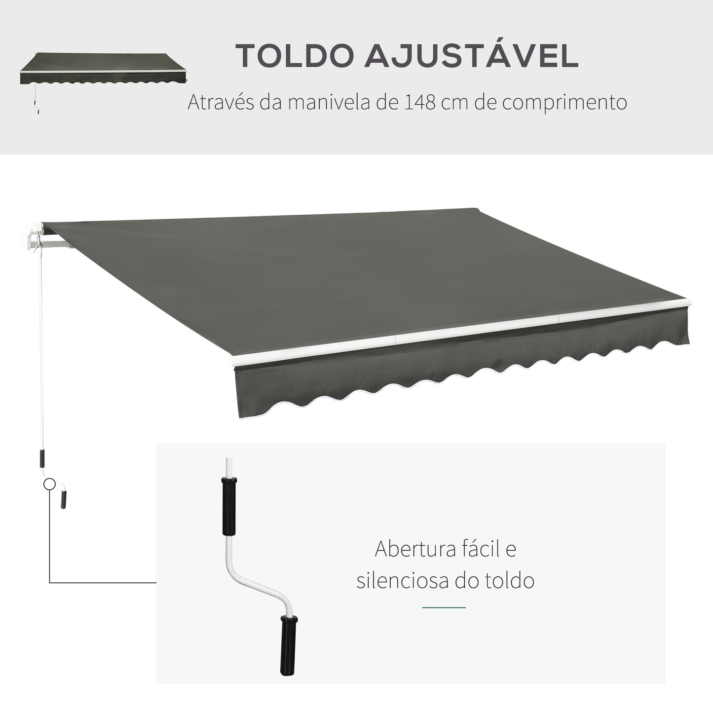 Outsunny Toldo Manual Retrátil 350x250 cm Toldo para Varanda com Manivela de Metal Impermeável e Anti-UV Toldo Enrolável de Exterior para Jardim Terraço Janelas Cinza