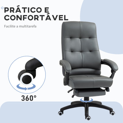 Vinsetto Cadeira de Escritório Ergonómica Giratória Cadeira de Escritório Reclinável Estofada em PU com Altura Ajustável Apoio para os Braços e Apoio para os Pés 65x65x118-125 cm Cinza Escuro