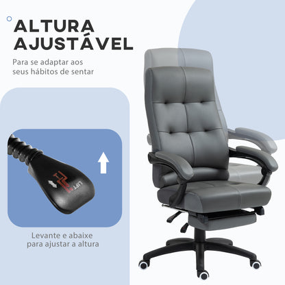 Vinsetto Cadeira de Escritório Ergonómica Giratória Cadeira de Escritório Reclinável Estofada em PU com Altura Ajustável Apoio para os Braços e Apoio para os Pés 65x65x118-125 cm Cinza Escuro