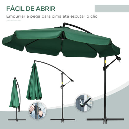 Outsunny Chapéu de Sol de Jardim Ø293x240 cm Chapéu de Sol Excêntrico com Rotação de 360° Manivela Base Cruzada e Suporte de Aço para Varanda Pátio Verde