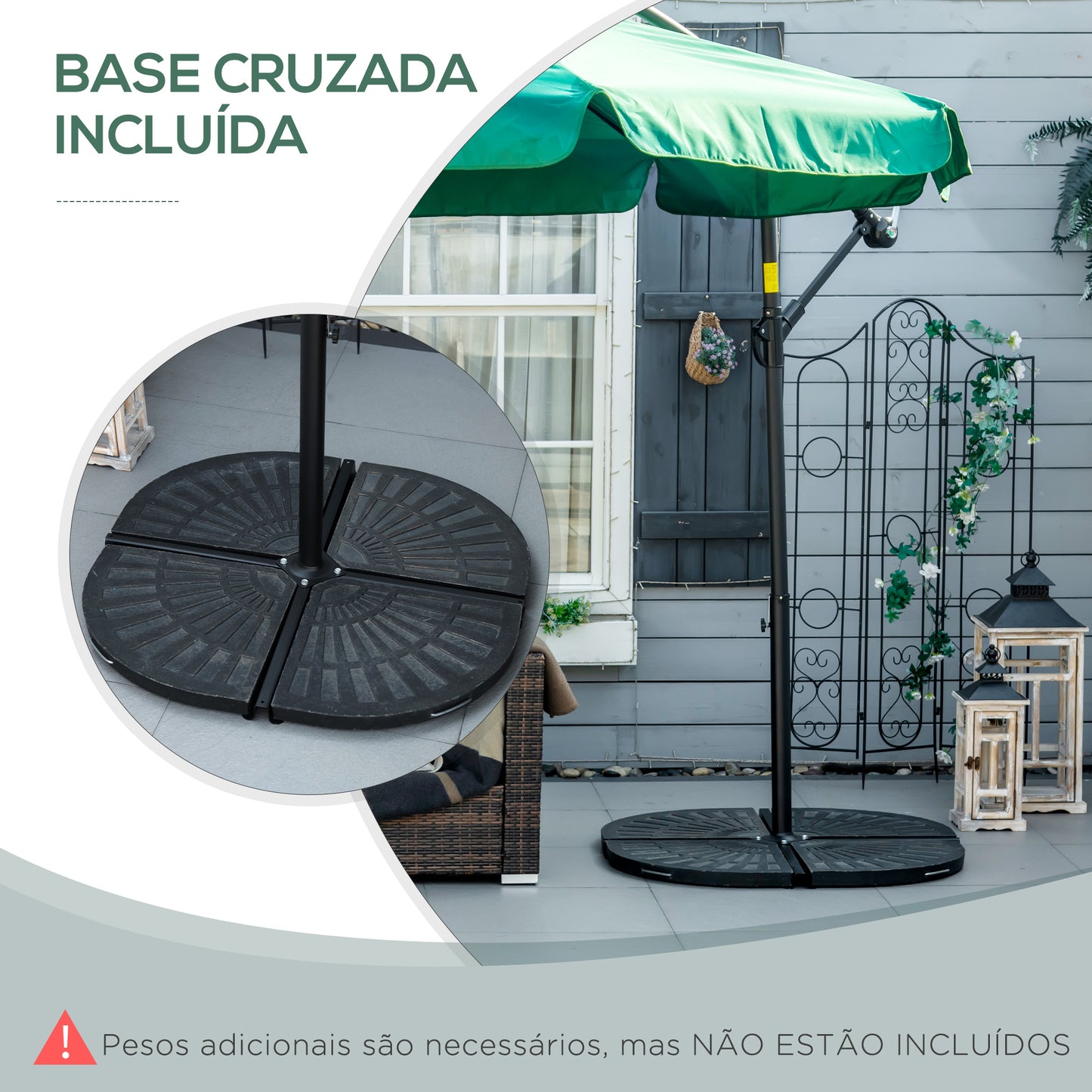 Outsunny Chapéu de Sol de Jardim Ø293x240 cm Chapéu de Sol Excêntrico com Rotação de 360° Manivela Base Cruzada e Suporte de Aço para Varanda Pátio Verde