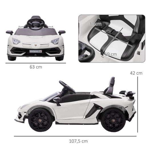 HOMCOM Carro Elétrico Lamborghini para Crianças de 37 a 60 Meses Carro Elétrico a Bateria 12V Velocidade Máxima 5km/h Controlo Remoto MP3 Luzes e Cinto de Segurança 107,5x63x42 cm Branco