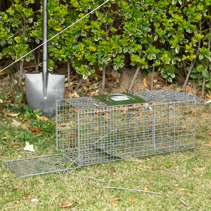 Outsunny Armadilha para Animais Vivos Dobrável 66x24x30,5 cm Gaiola de Captura com Porta e Alça para Coelhos Roedores Prata