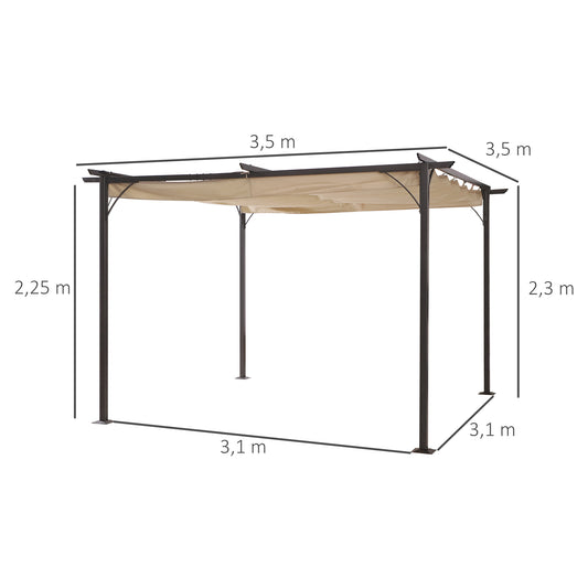 Outsunny Pérgola de Metal 3,5x3,5m Pérgola para Jardim Pátio ou Terraço com Teto Retrátil Tecido Poliéster Resistente à Água e Raios UV Bege e Preto